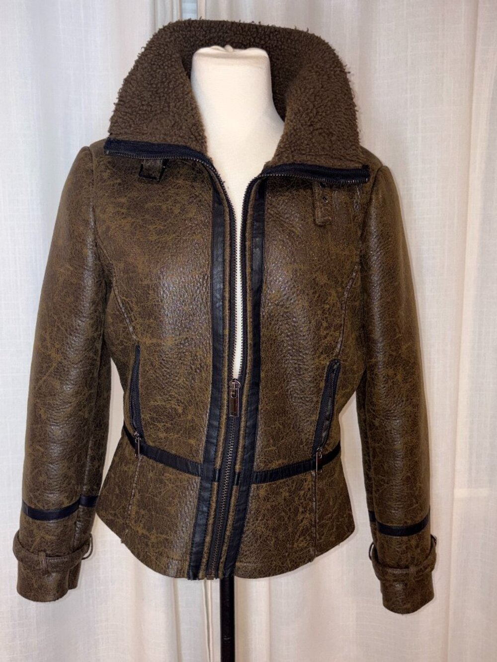 Distressed Faux Leather High Collar Zip-Up Coat With Thick Teddy Lining